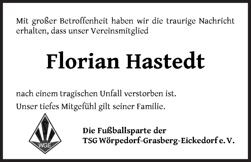  Traueranzeige für Florian Hastedt vom 04.08.2020 aus Wuemme Zeitung