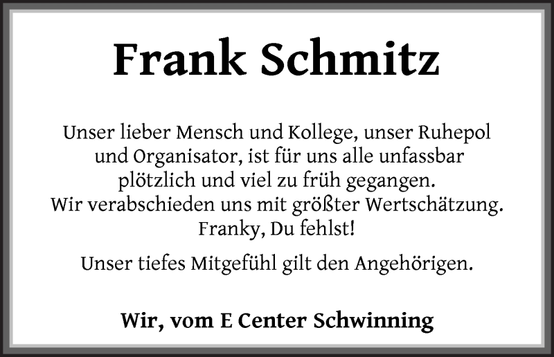  Traueranzeige für Frank Schmitz vom 10.08.2020 aus WESER-KURIER