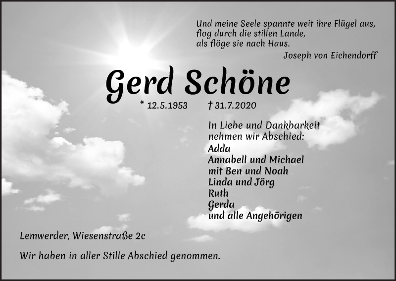 Traueranzeigen Von Gerd Schone Trauer Gedenken