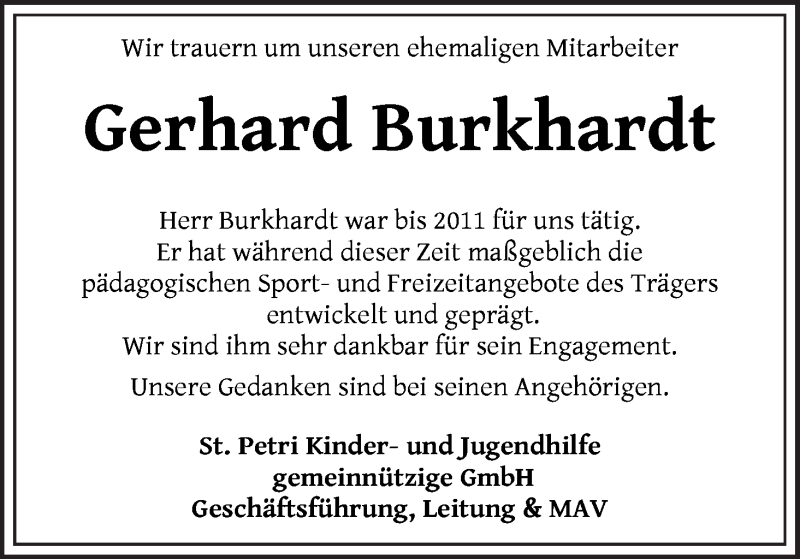 Traueranzeige von Gerhard Burkhardt von WESER-KURIER