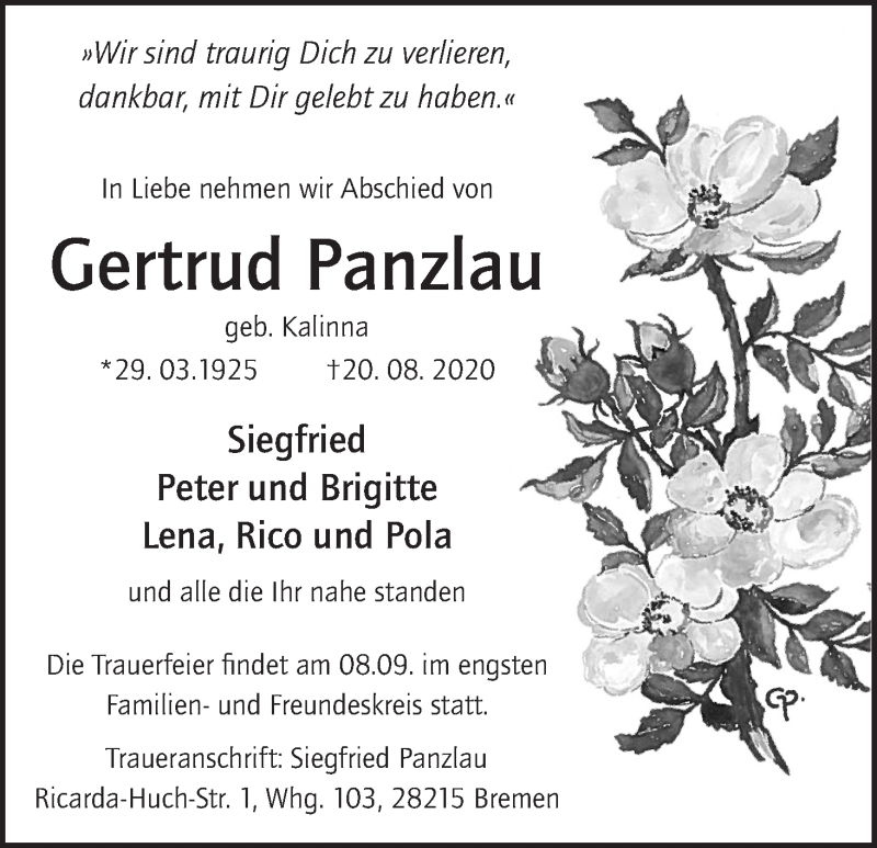Traueranzeige von Gertrud Panzlau von WESER-KURIER