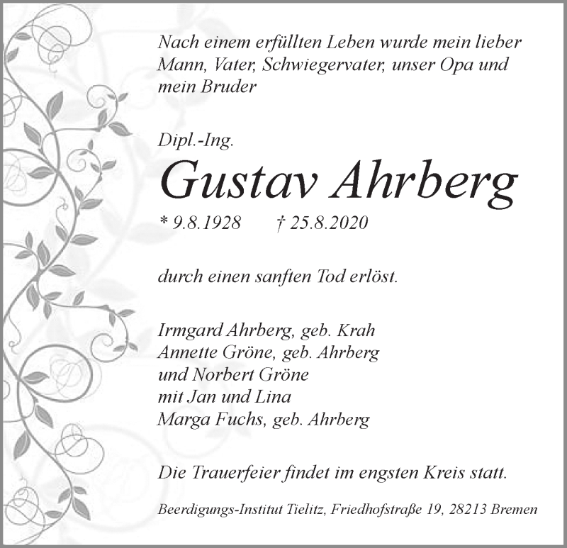 Traueranzeige von Gustav Ahrberg von WESER-KURIER