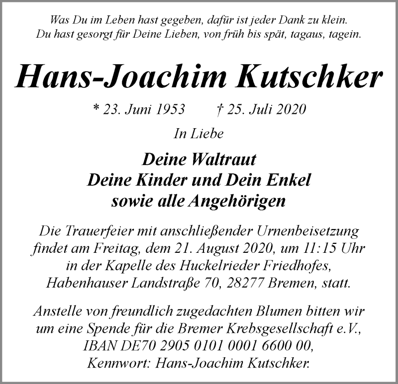  Traueranzeige für Hans-Joachim Kutschker vom 01.08.2020 aus WESER-KURIER
