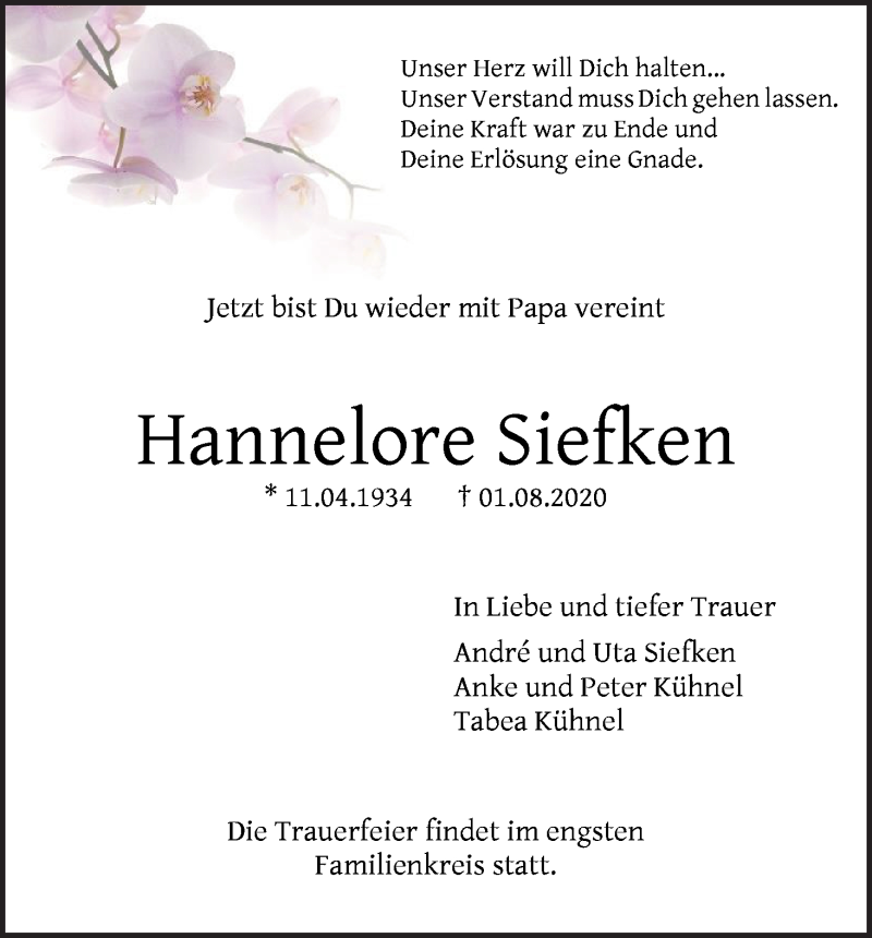  Traueranzeige für Hannelore Siefken vom 08.08.2020 aus WESER-KURIER