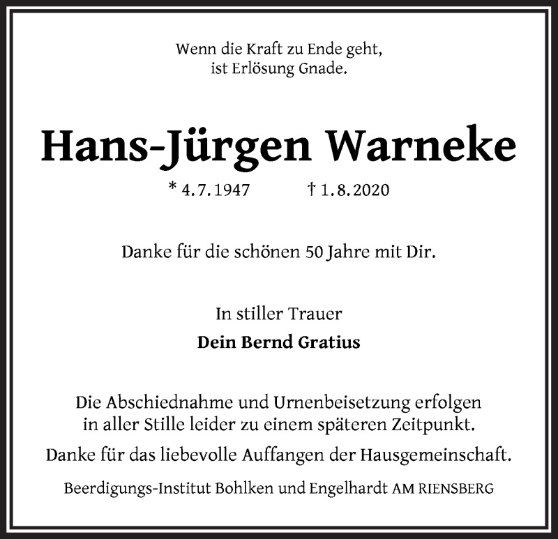  Traueranzeige für Hans-Jürgen Warneke vom 05.08.2020 aus WESER-KURIER