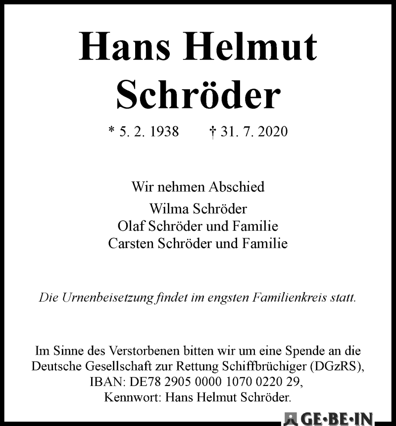 Traueranzeige von Hans Helmut Schröder von Die Norddeutsche