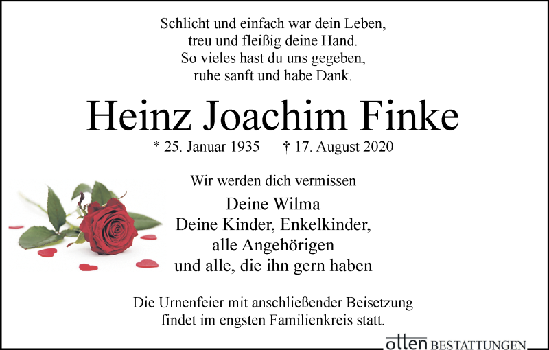 Traueranzeige von Heinz Joachim Finke von Osterholzer Kreisblatt