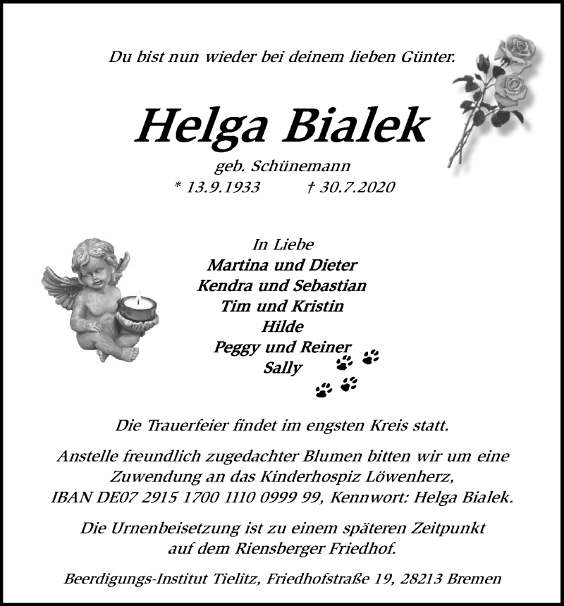 Traueranzeige von Helga Bialek von WESER-KURIER