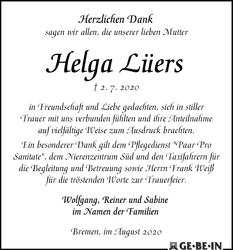 Traueranzeige von Helga Lüers von WESER-KURIER