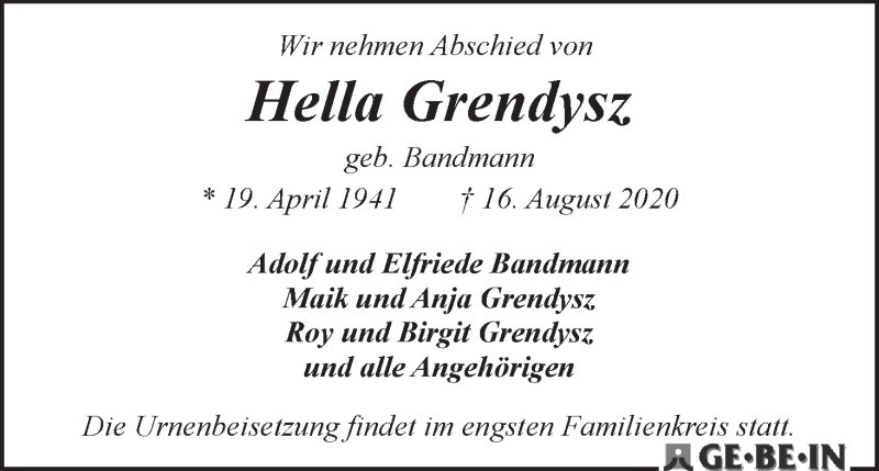 Traueranzeige von Hella Grendysz von WESER-KURIER