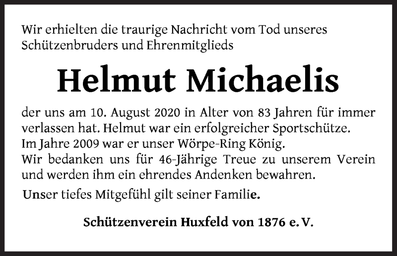  Traueranzeige für Helmut Michaelis vom 14.08.2020 aus Wuemme Zeitung