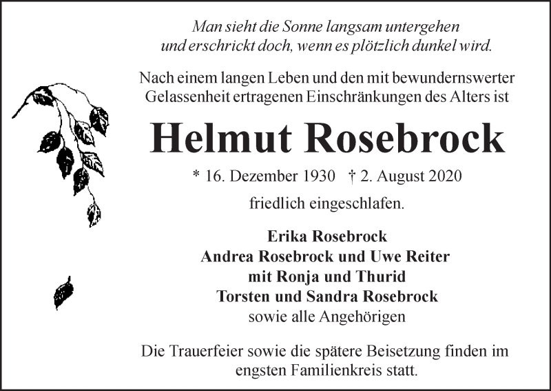 Traueranzeige von Helmut Rosebrock von WESER-KURIER