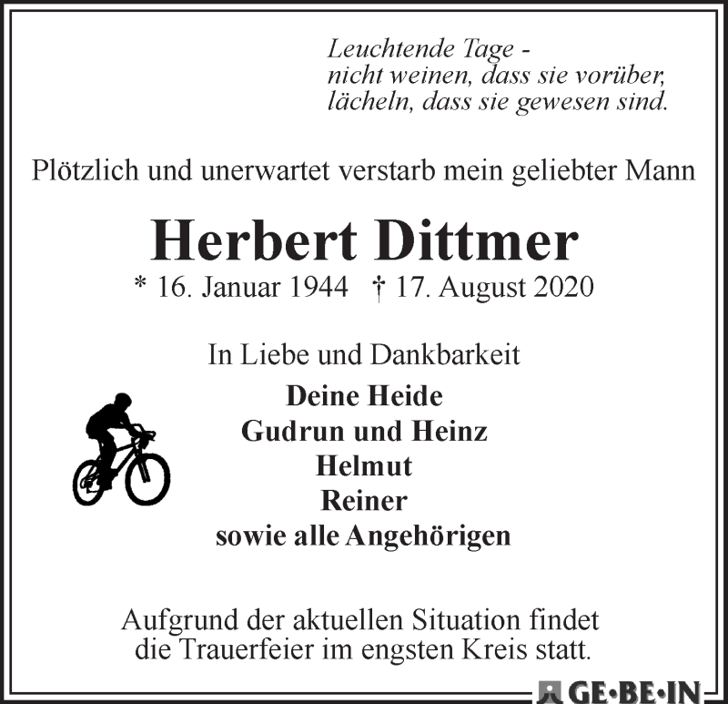 Traueranzeige von Herbert Dittmer von WESER-KURIER