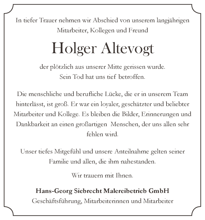  Traueranzeige für Holger Altevogt vom 01.08.2020 aus WESER-KURIER