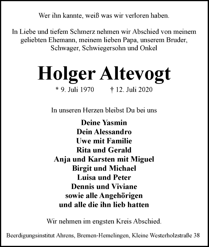  Traueranzeige für Holger Altevogt vom 01.08.2020 aus WESER-KURIER