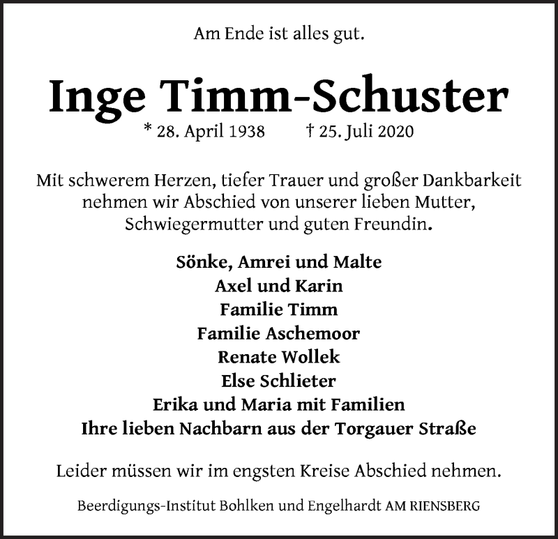  Traueranzeige für Inge Timm-Schuster vom 01.08.2020 aus WESER-KURIER