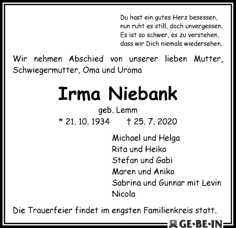 Traueranzeige von Irma Niebank von WESER-KURIER