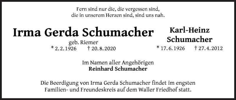 Traueranzeige von Irma Gerda und Karl-Heinz Schumacher von WESER-KURIER