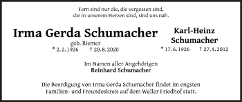 Traueranzeige von Irma Gerda und Karl-Heinz Schumacher