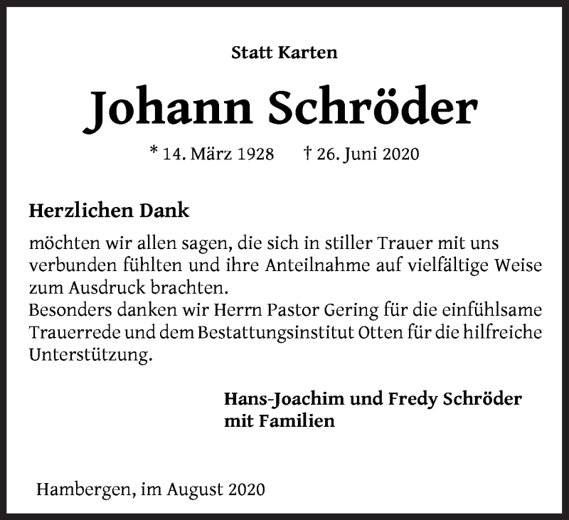Traueranzeige von Johann Schröder von Osterholzer Kreisblatt