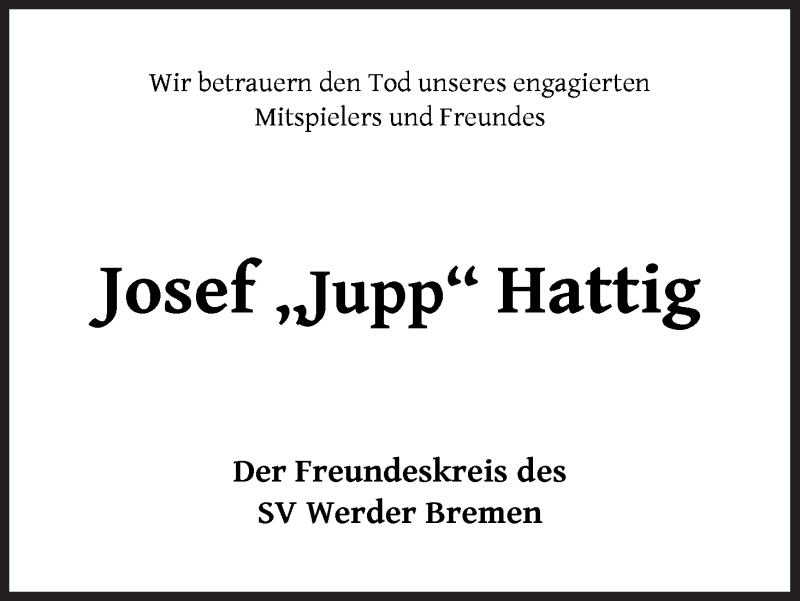  Traueranzeige für Josef Hattig vom 08.08.2020 aus WESER-KURIER