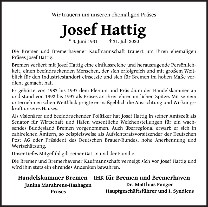  Traueranzeige für Josef Hattig vom 08.08.2020 aus WESER-KURIER