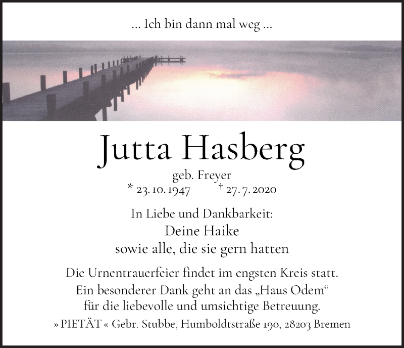 Traueranzeige für Jutta Hasberg vom 01.08.2020 aus WESER-KURIER