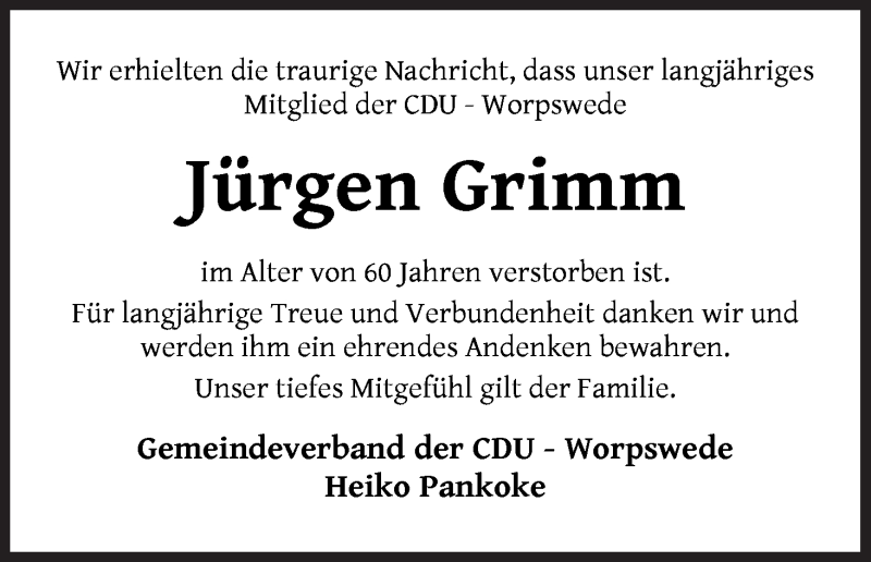  Traueranzeige für Jürgen Grimm vom 18.08.2020 aus Wuemme Zeitung