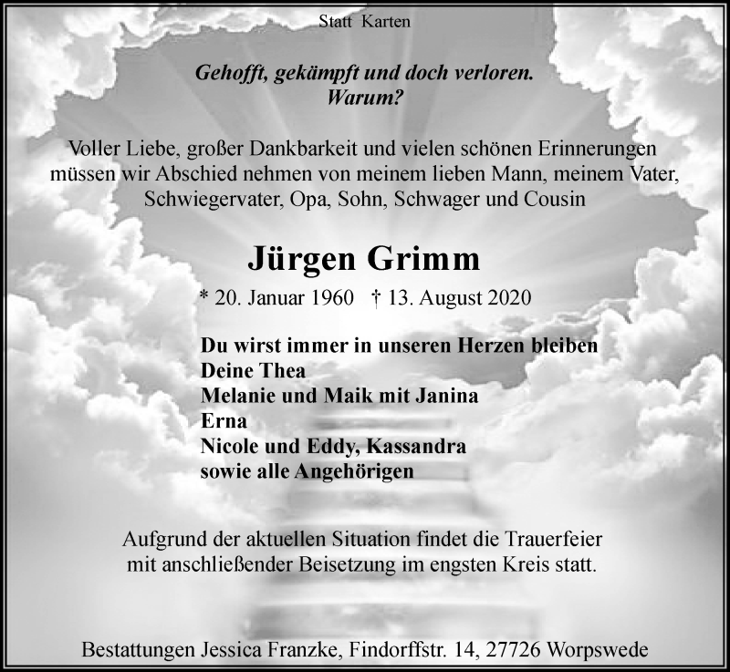  Traueranzeige für Jürgen Grimm vom 15.08.2020 aus Wuemme Zeitung