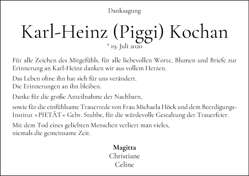 Traueranzeige von Karl-Heinz (Piggi) Kochan von WESER-KURIER