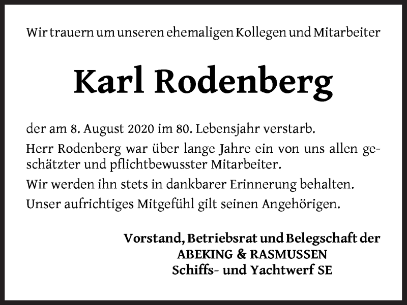  Traueranzeige für Karl Rodenberg vom 11.08.2020 aus Die Norddeutsche