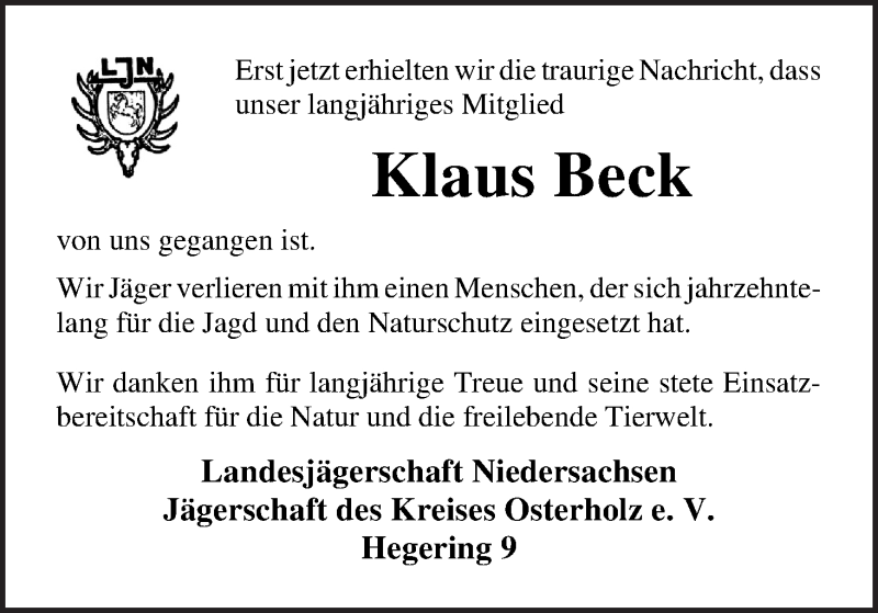 Traueranzeige von Klaus Beck von Osterholzer Kreisblatt
