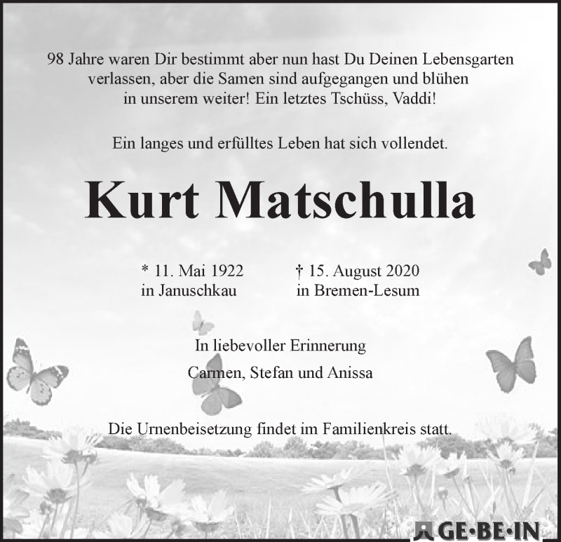 Traueranzeige von Kurt Matschulla von Die Norddeutsche
