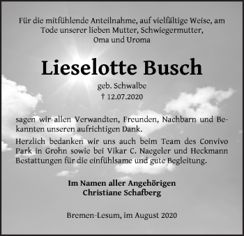 Traueranzeige von Lieselotte Busch