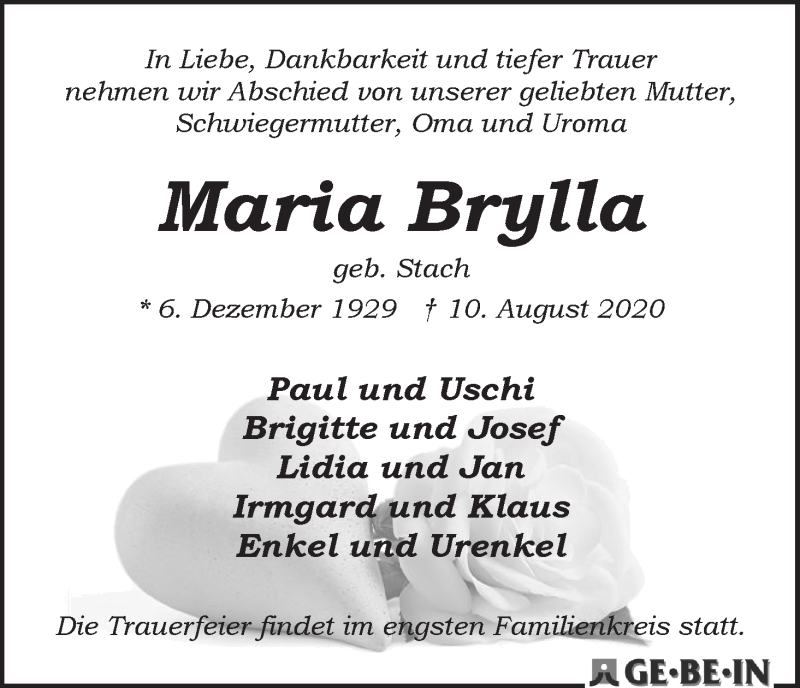 Traueranzeige von Maria Brylla von Die Norddeutsche