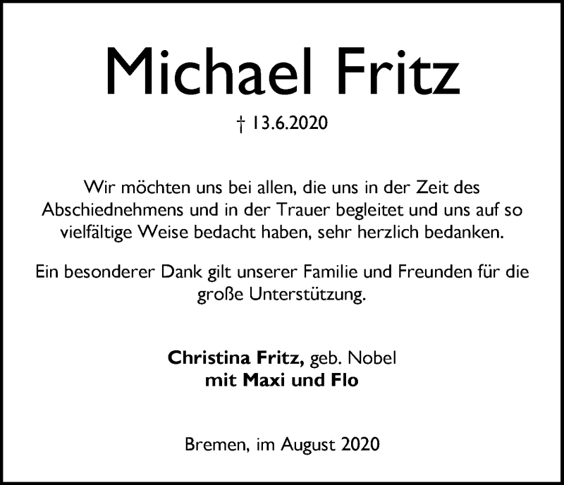 Traueranzeige von Michael Fritz von WESER-KURIER