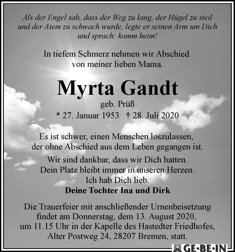 Traueranzeige von Myrta Gandt von WESER-KURIER