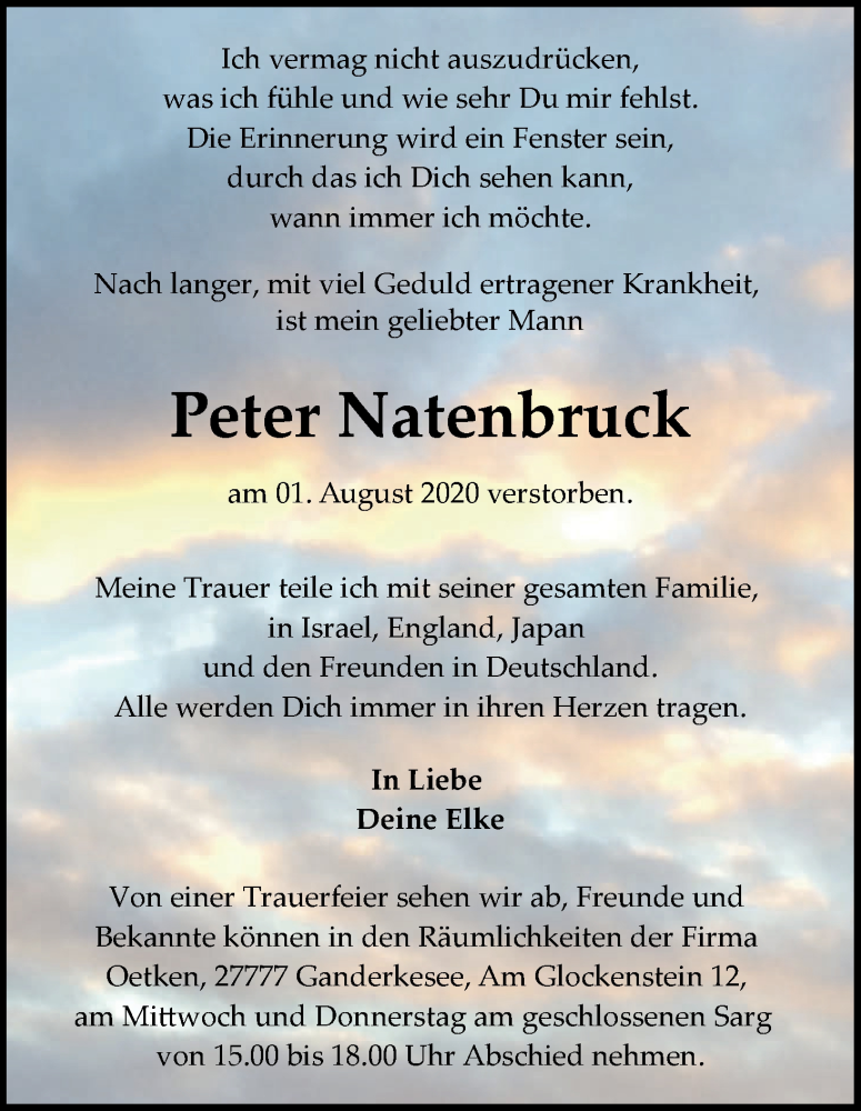  Traueranzeige für Peter Natenbruck vom 05.08.2020 aus WESER-KURIER