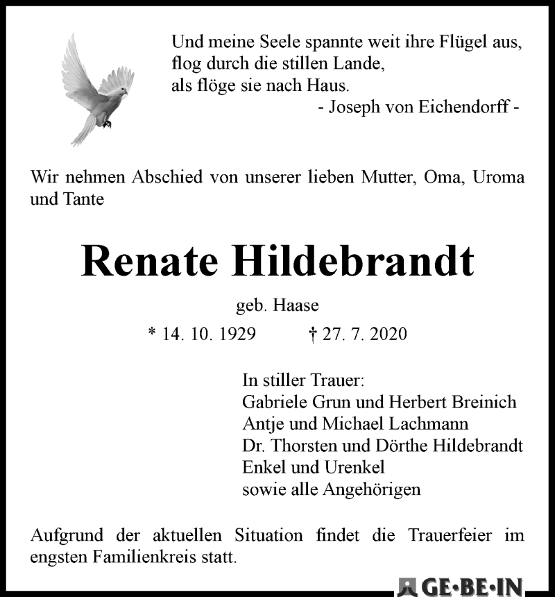  Traueranzeige für Renate Hildebrandt vom 01.08.2020 aus Die Norddeutsche