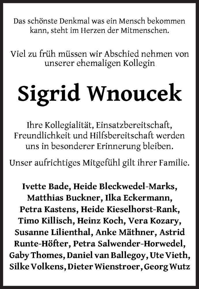 Traueranzeige von Sigrid Wnoucek von WESER-KURIER