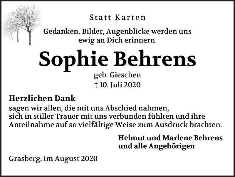 Traueranzeige von Sophie Behrens von Wuemme Zeitung