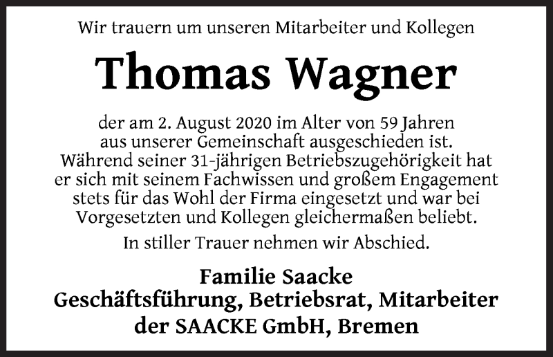  Traueranzeige für Thomas Wagner vom 08.08.2020 aus WESER-KURIER