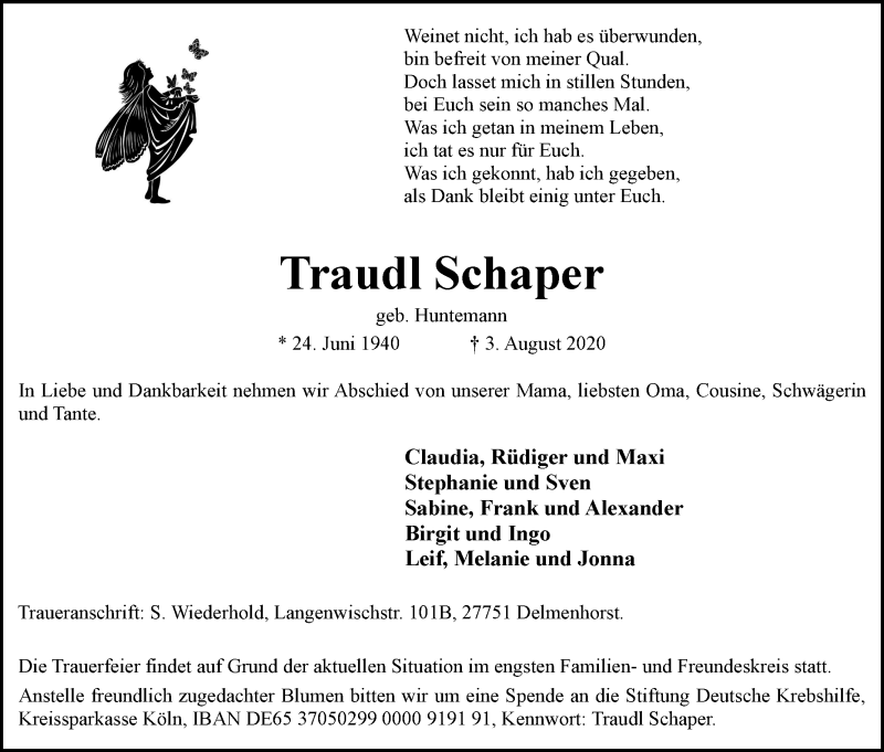 Traueranzeige von Traudl Schaper von WESER-KURIER