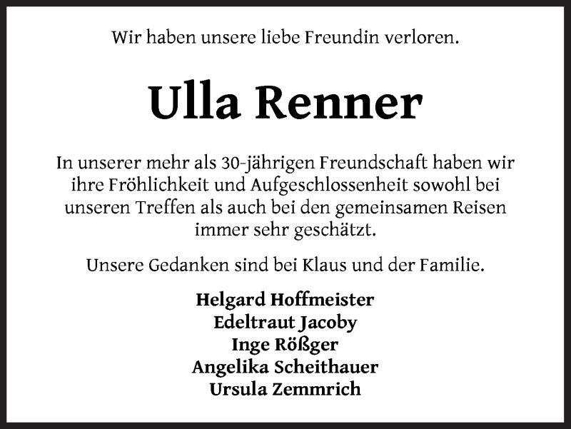  Traueranzeige für Ulla Renner vom 15.08.2020 aus WESER-KURIER