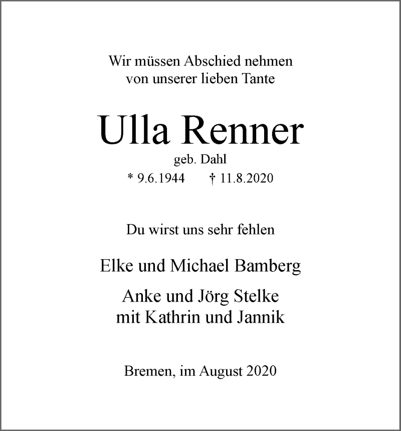  Traueranzeige für Ulla Renner vom 15.08.2020 aus WESER-KURIER