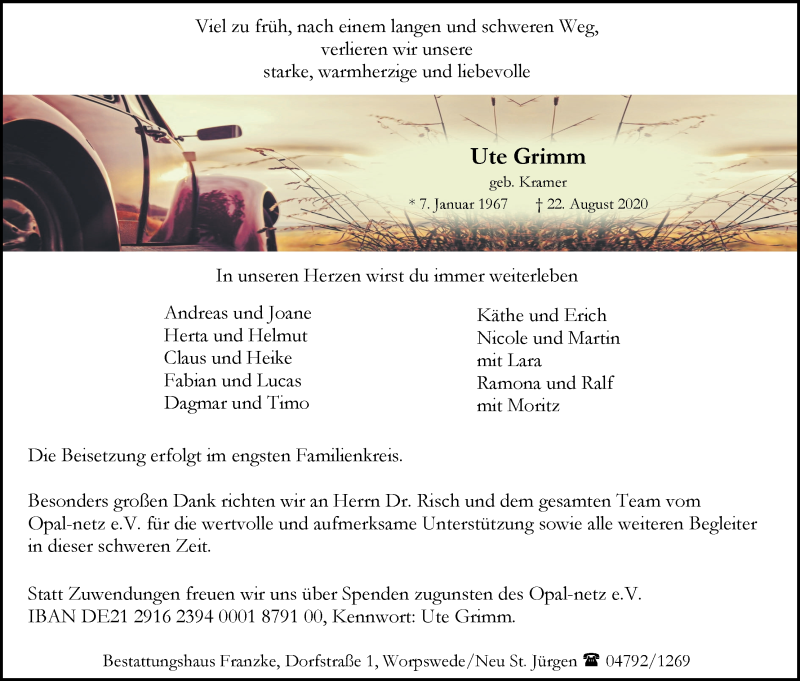  Traueranzeige für Ute Grimm vom 29.08.2020 aus Wuemme Zeitung