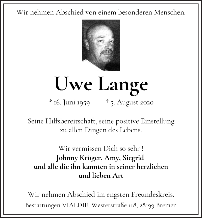  Traueranzeige für Uwe Lange vom 15.08.2020 aus WESER-KURIER