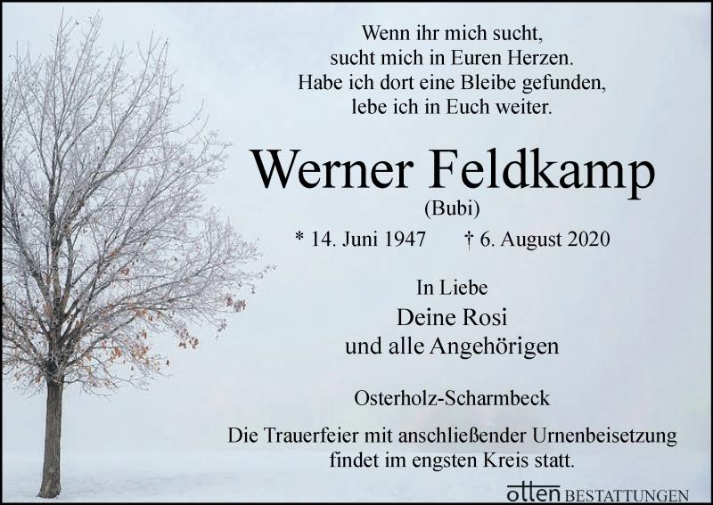 Traueranzeige von Werner Feldkamp von Osterholzer Kreisblatt