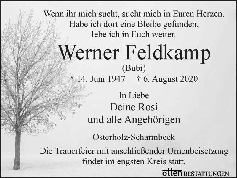 Traueranzeige von Werner Feldkamp von WESER-KURIER