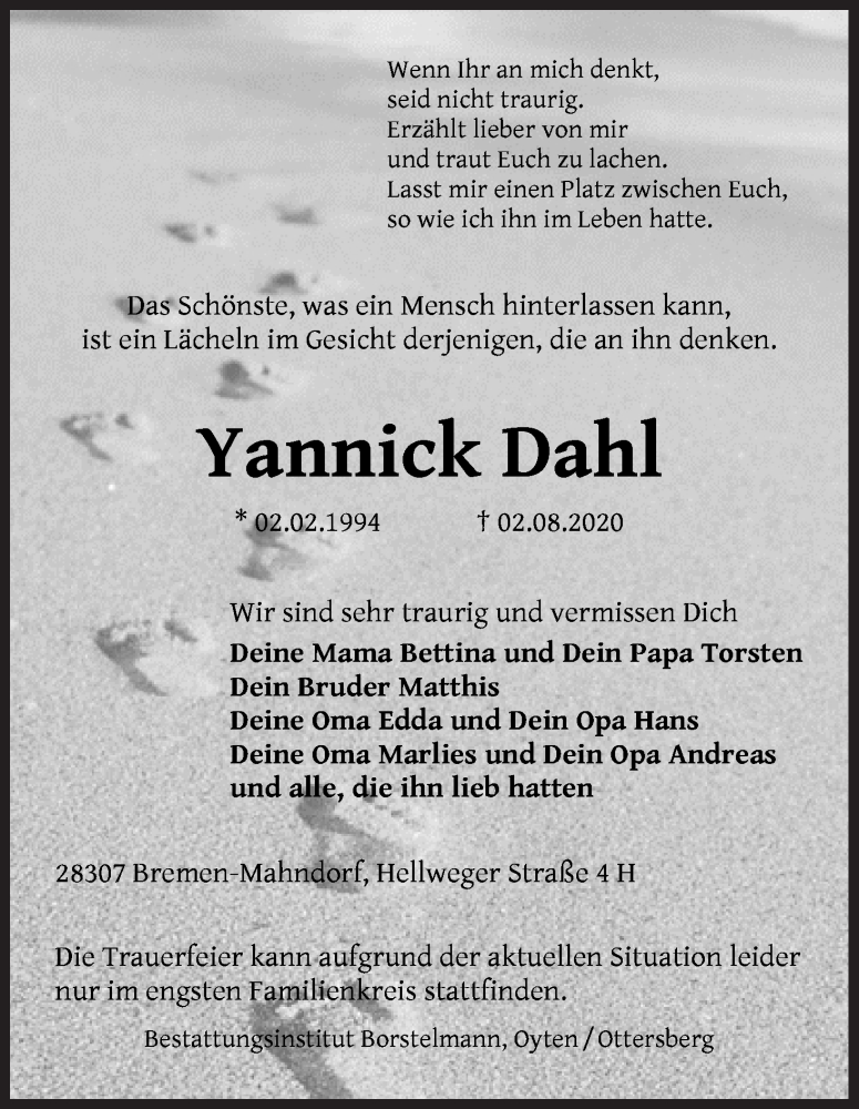  Traueranzeige für Yannick Dahl vom 08.08.2020 aus WESER-KURIER